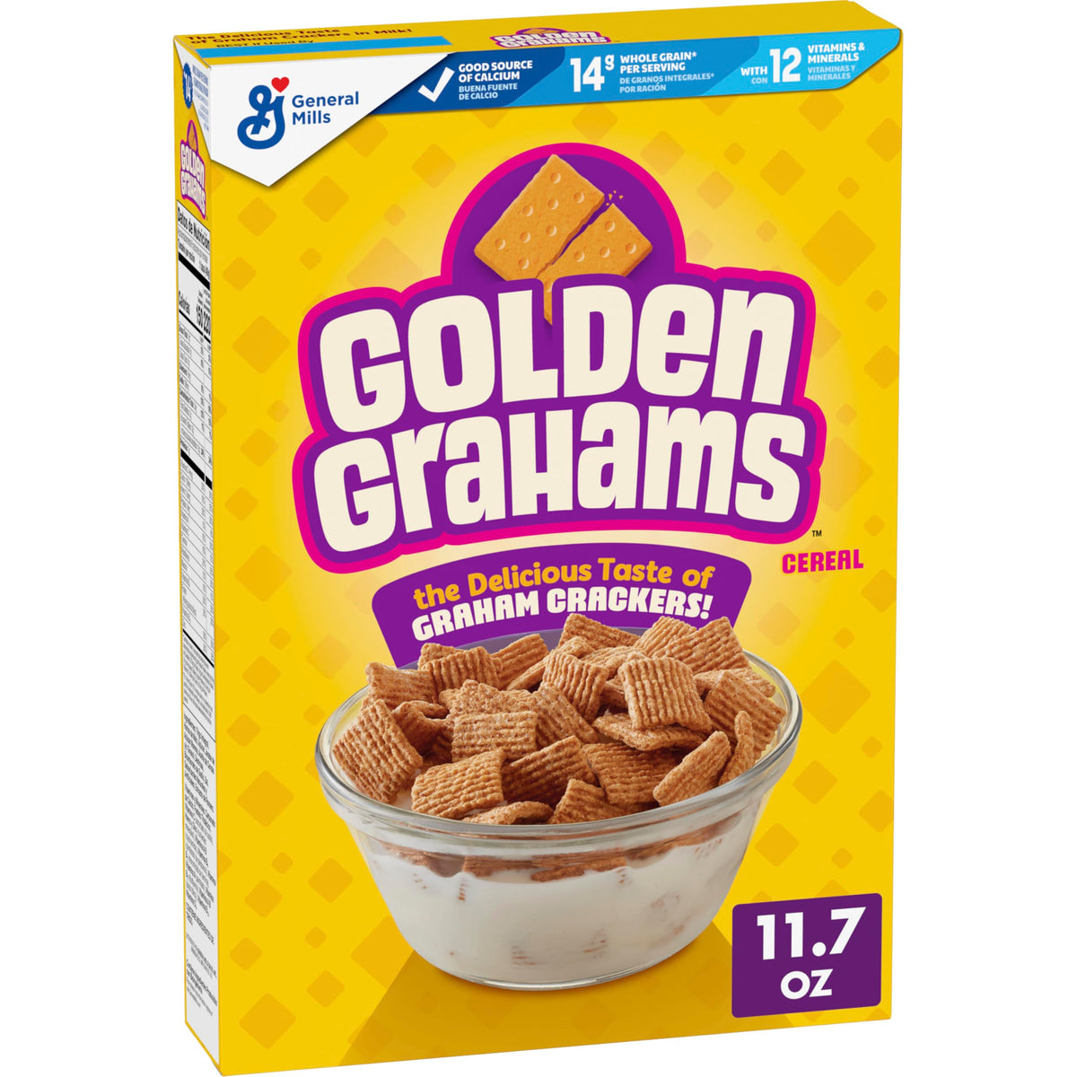 Golden Grahams crispy squares in a bowl with milk for a comforting breakfast.