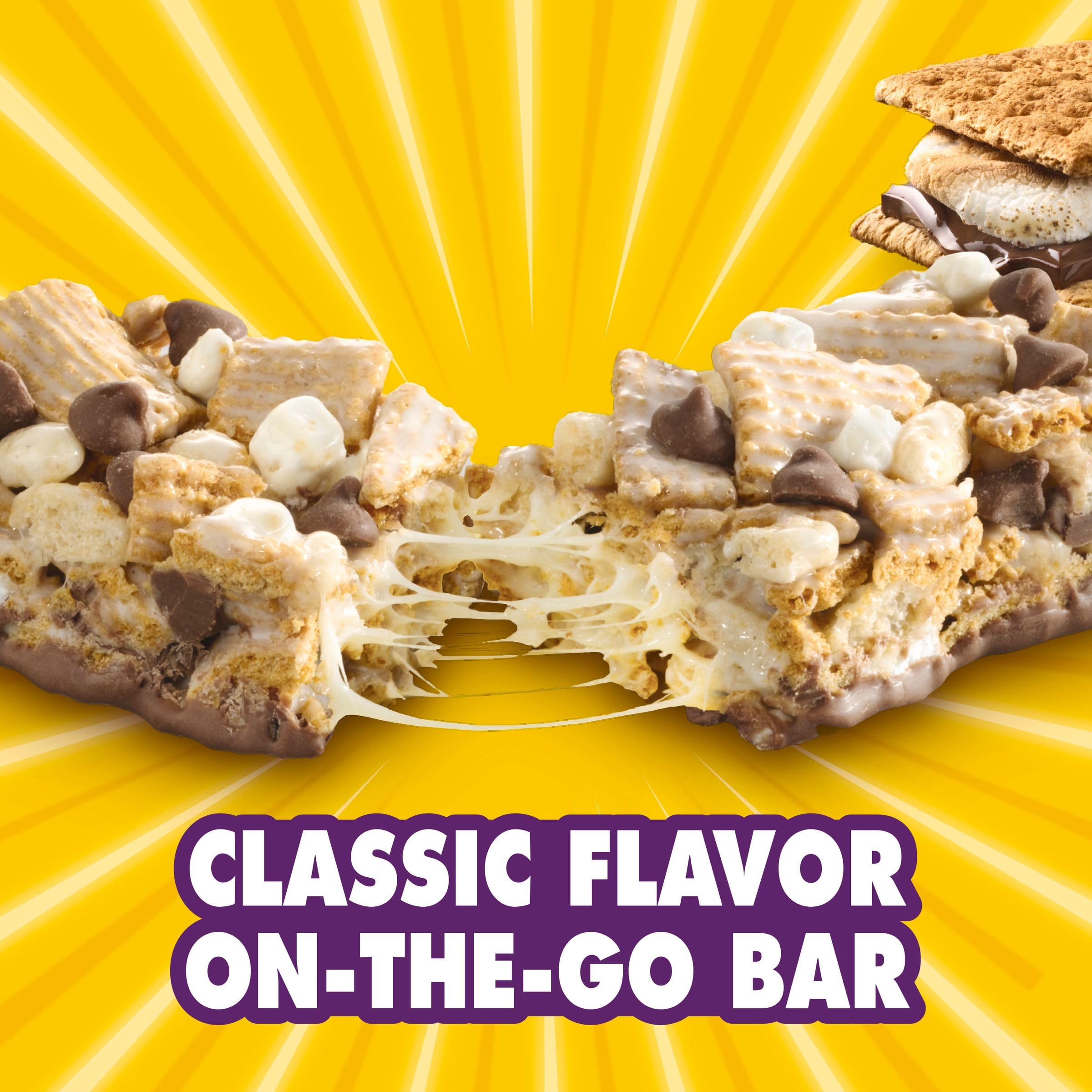 Golden Grahams smores bars with chocolate chips and graham details.
