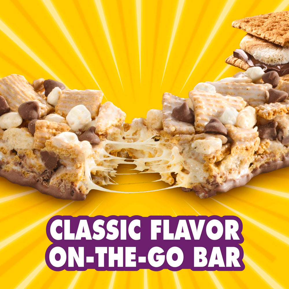 Golden Grahams smores bars with chocolate chips and graham details.
