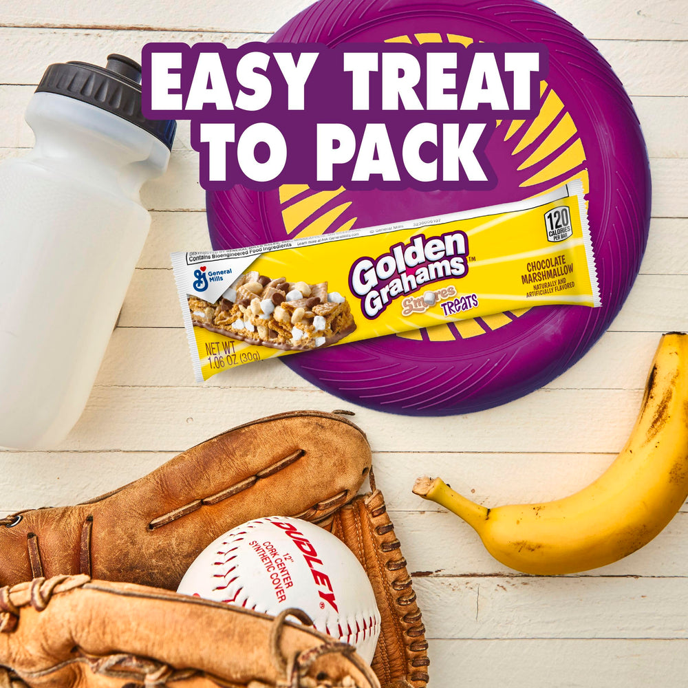 Golden Grahams smores bars on shelf packaging display.