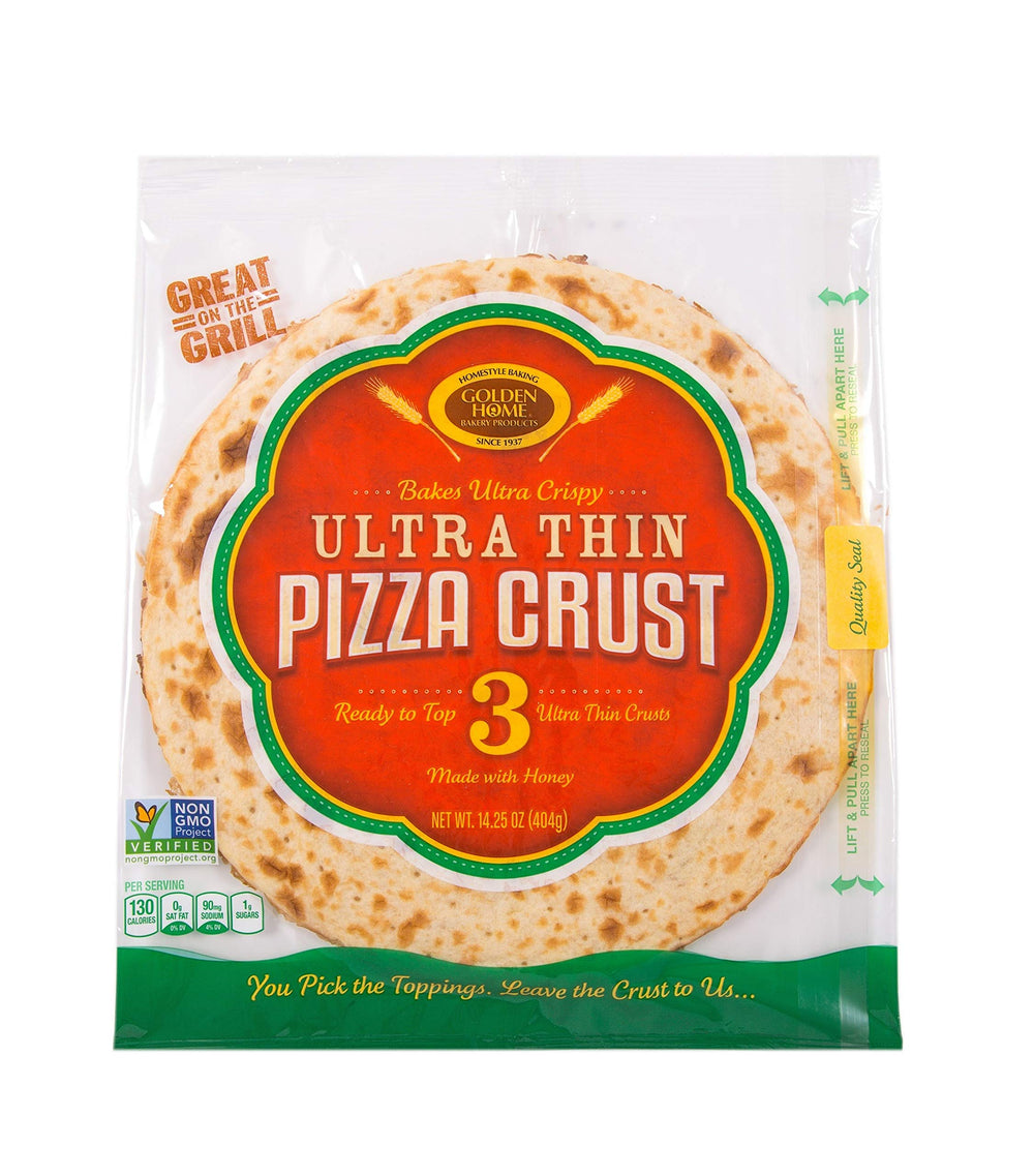 Golden Home Ultra Thin 12 inch crusts in a box, ready for baking