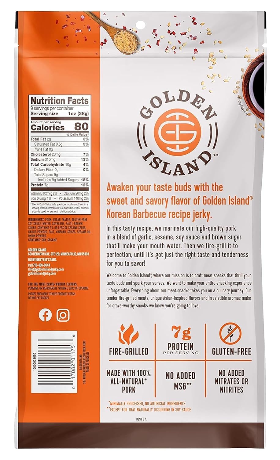 Golden Island Korean BBQ Pork Jerky fire-grilled texture on strips.