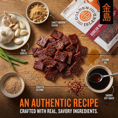 Golden Island Korean BBQ Pork Jerky served on plate for savoriness.