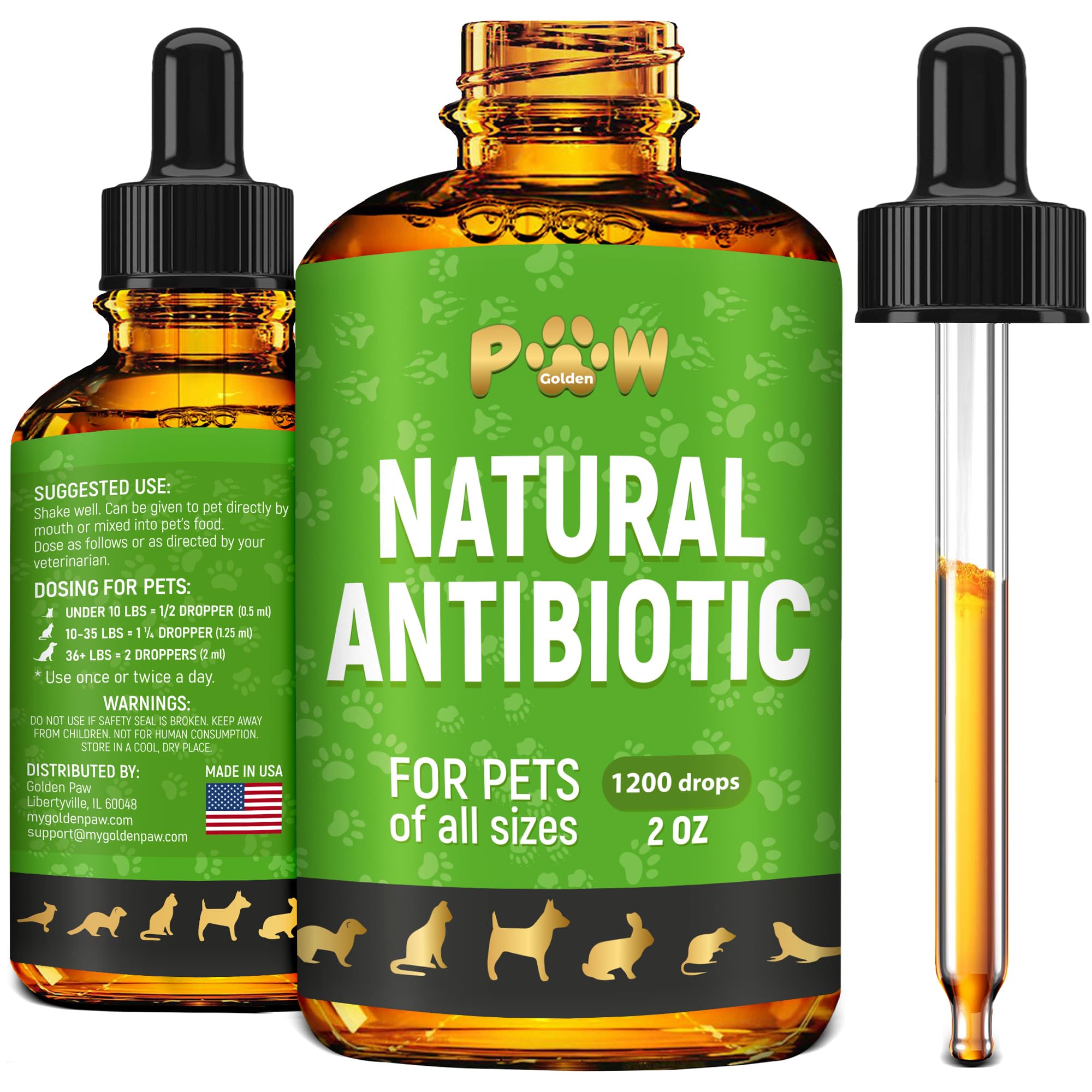 Golden Paw antibiotics drops bottle for easy dosing and ongoing pet support.