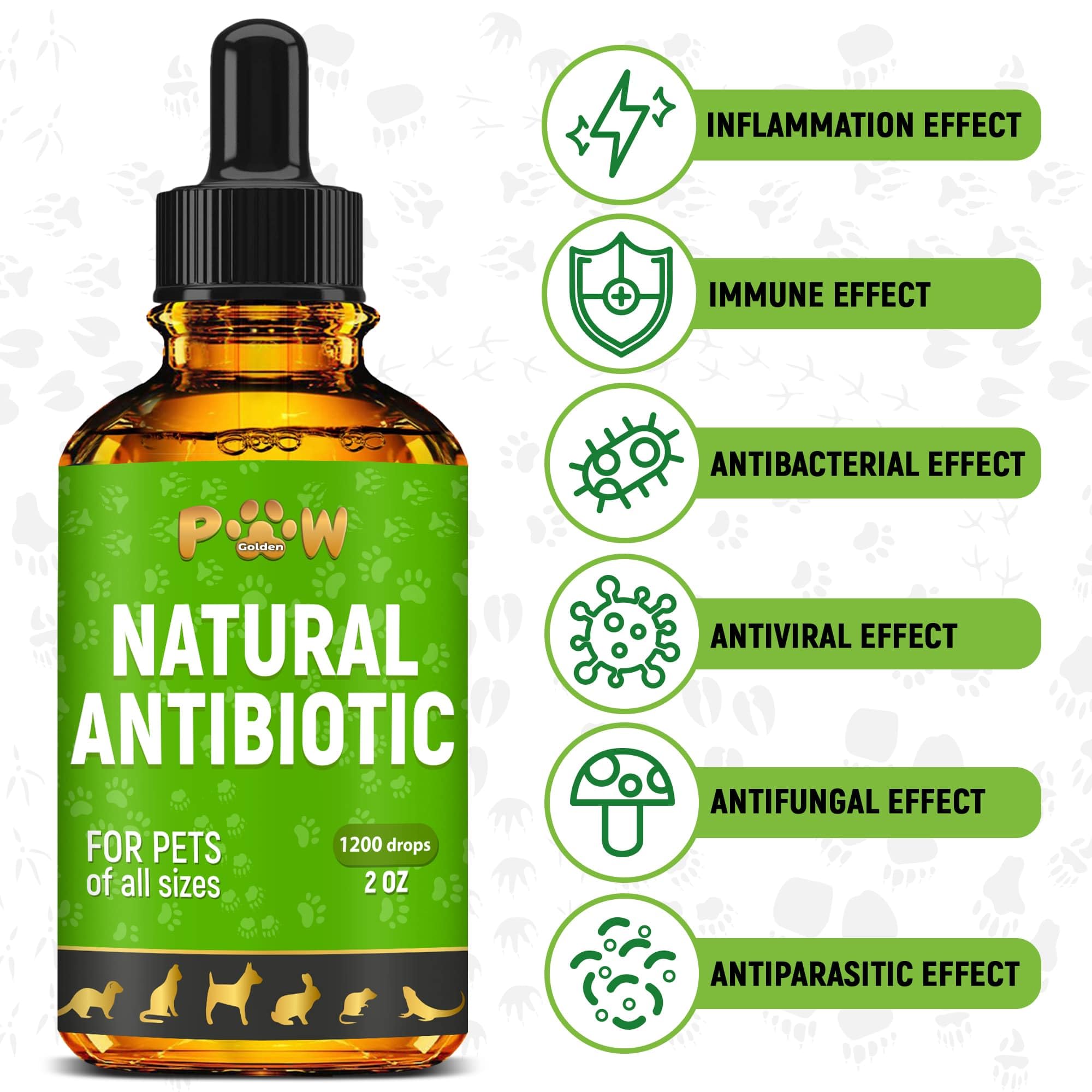 Golden Paw antibiotics drops pour action demonstrates simple mixing into food to aid pets.