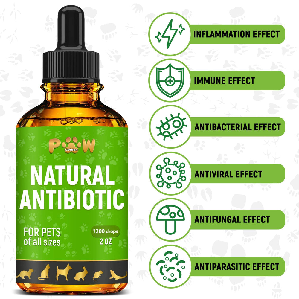 Golden Paw antibiotics drops pour action demonstrates simple mixing into food to aid pets.
