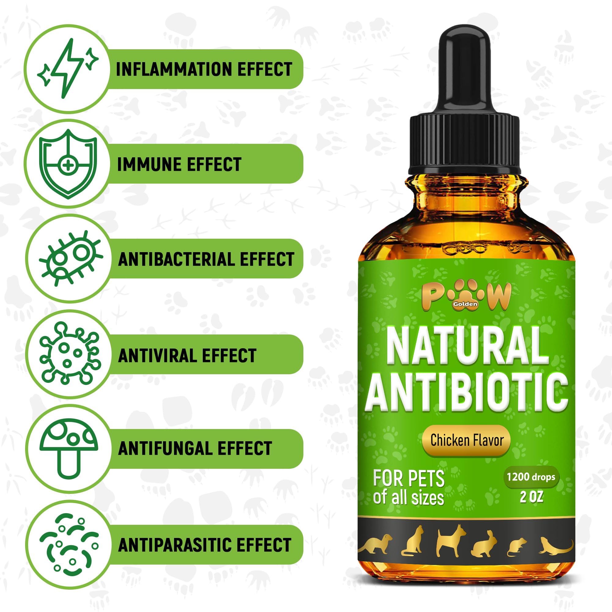 Golden Paw antibiotiques chien, flacon et pipette, aide potentielle pour le confort.