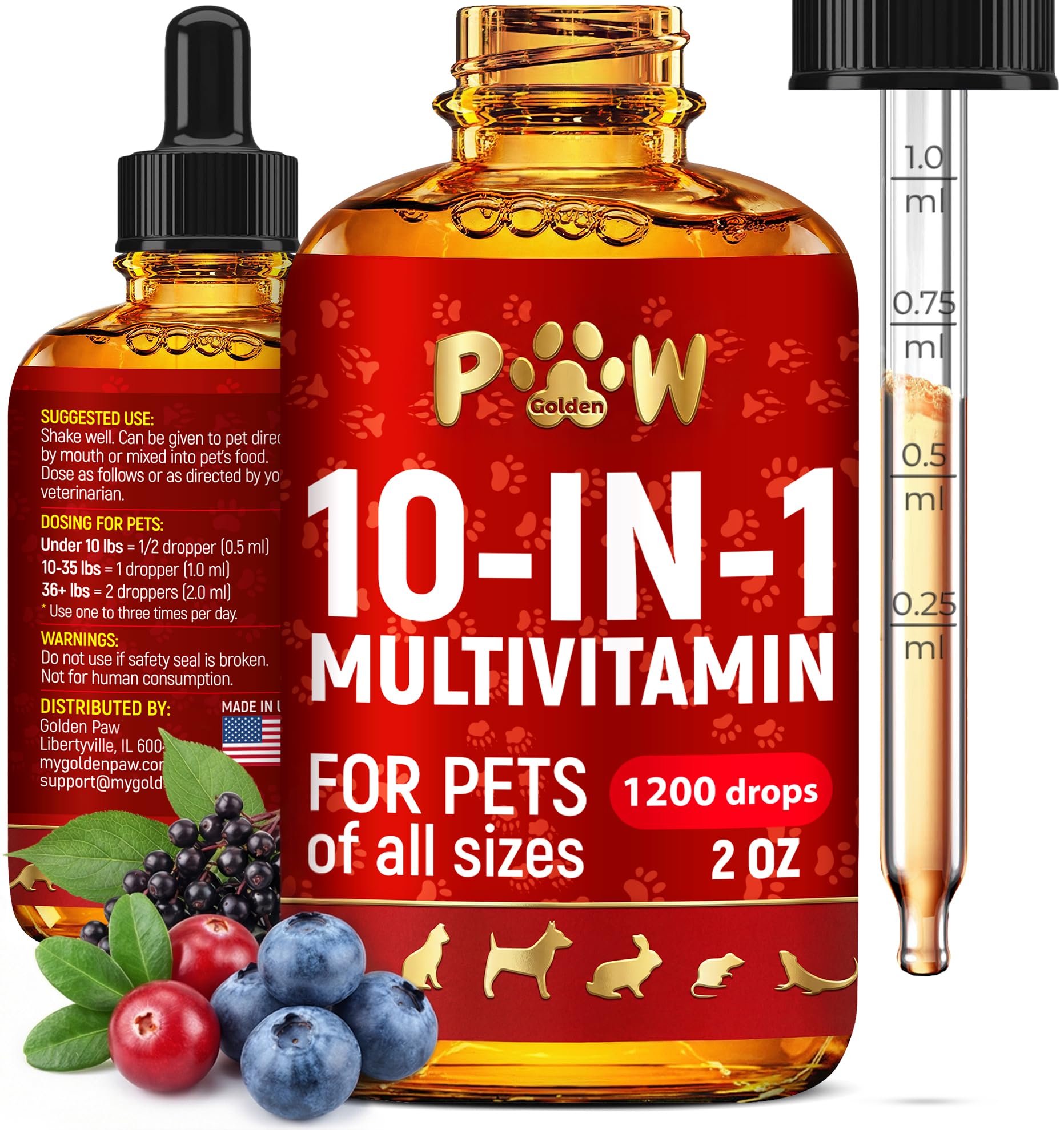 Golden Paw bouteille-liquide-multivitamine-chien, soutien quotidien de la vitalité.