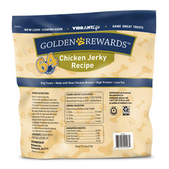 Golden Rewards Chicken Jerky bite texture close-up, showcasing chewy treats for dogs.