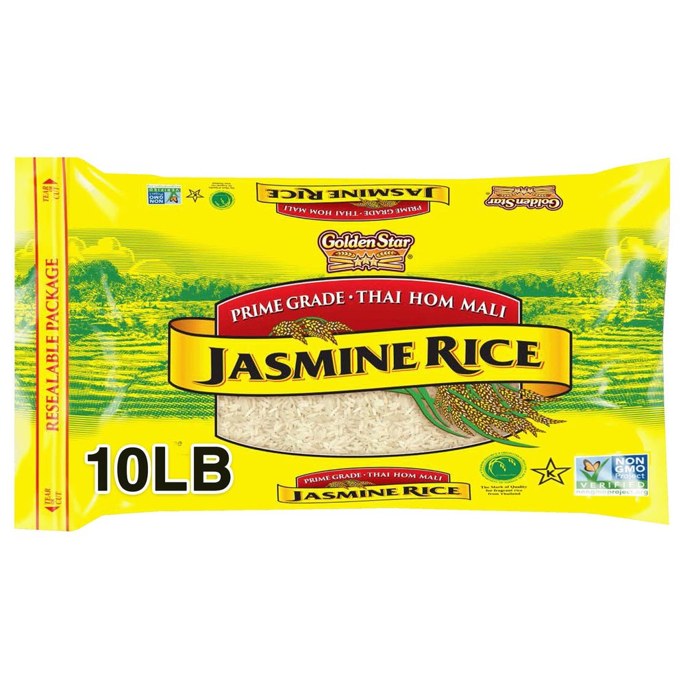 Golden Star Thai Hom Mali Jasmine Rice bag pack shot with fragrant long-grain rice