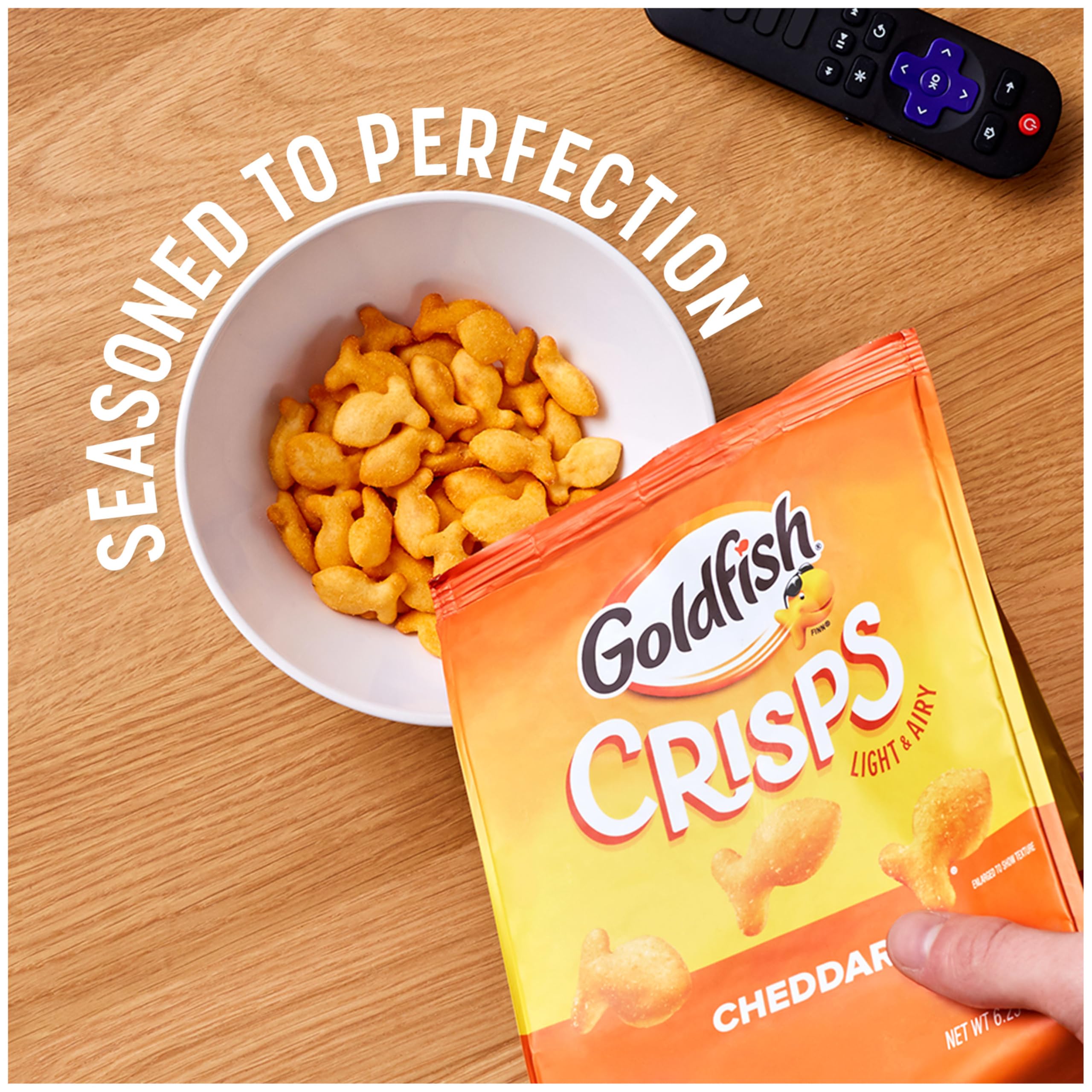 Goldfish Cheddar brand label close-up, cheddar flavor emphasis.