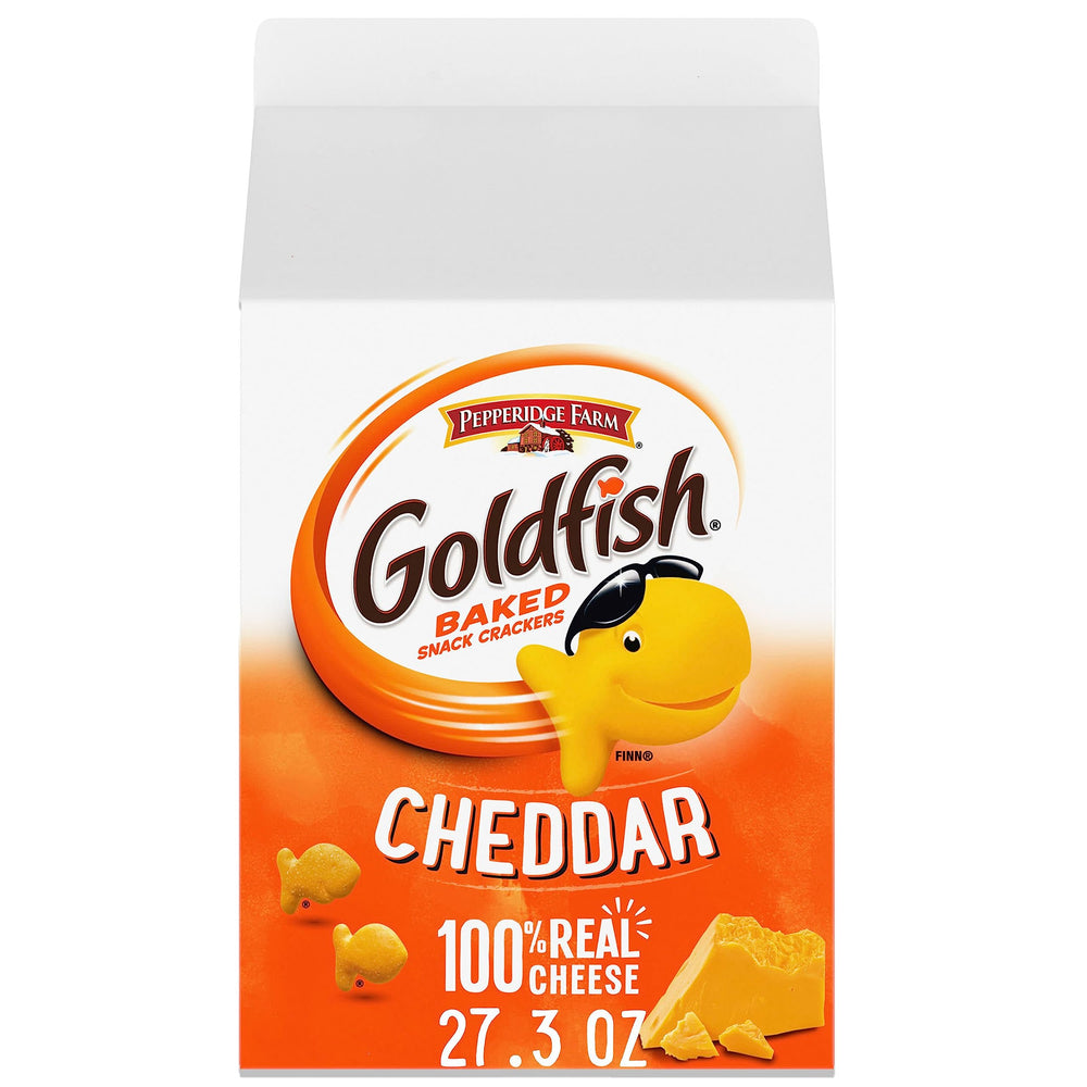 Goldfish cheddar crackers carton front view for quick family snack