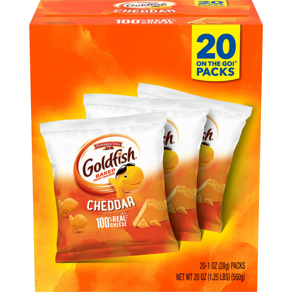 Goldfish Cheddar Cheese Crackers on-the-go pack, crunchy lunchbox snack.