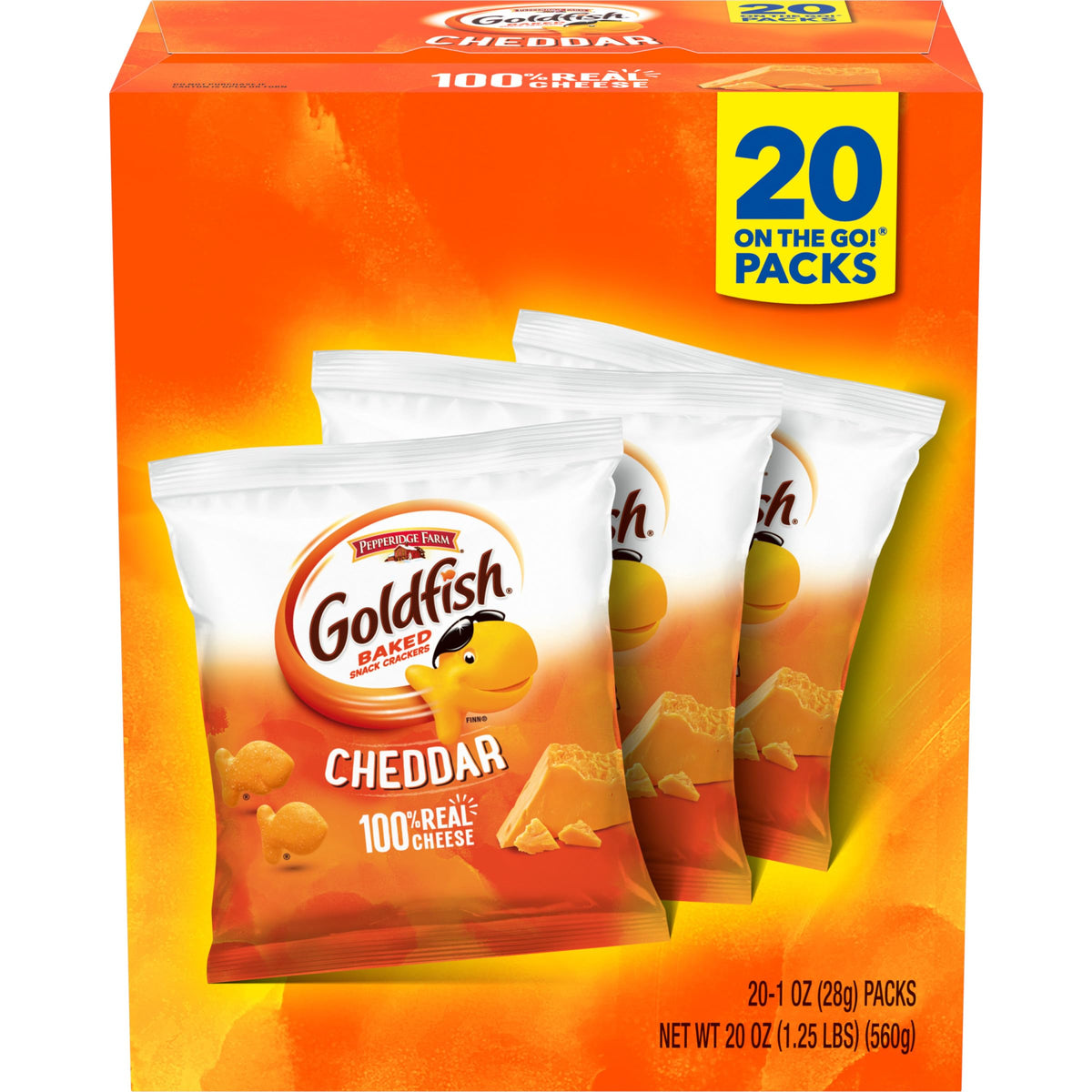 Goldfish Cheddar Cheese Crackers on-the-go pack, crunchy lunchbox snack.