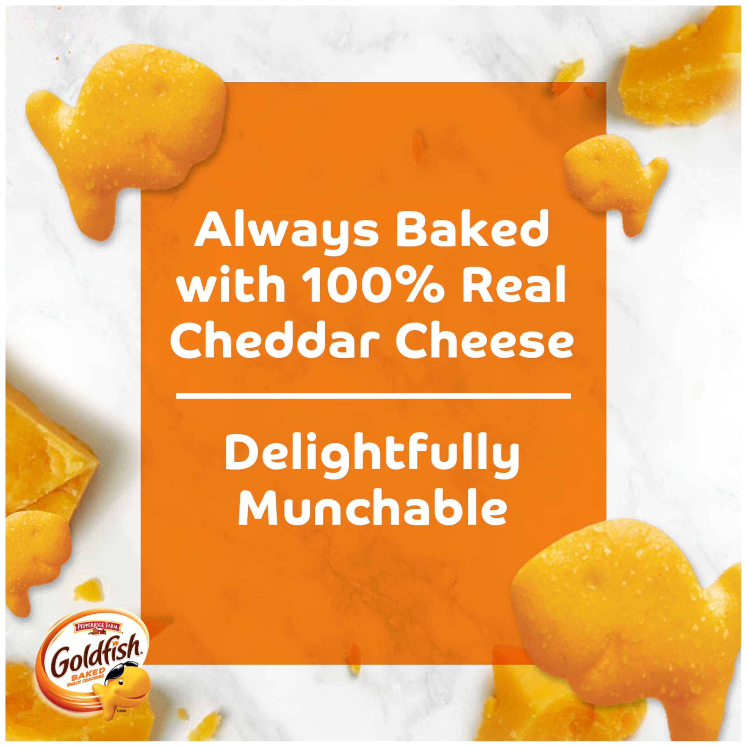 Goldfish cheddar cheese crackers in a 1-ounce single-serve pouch.