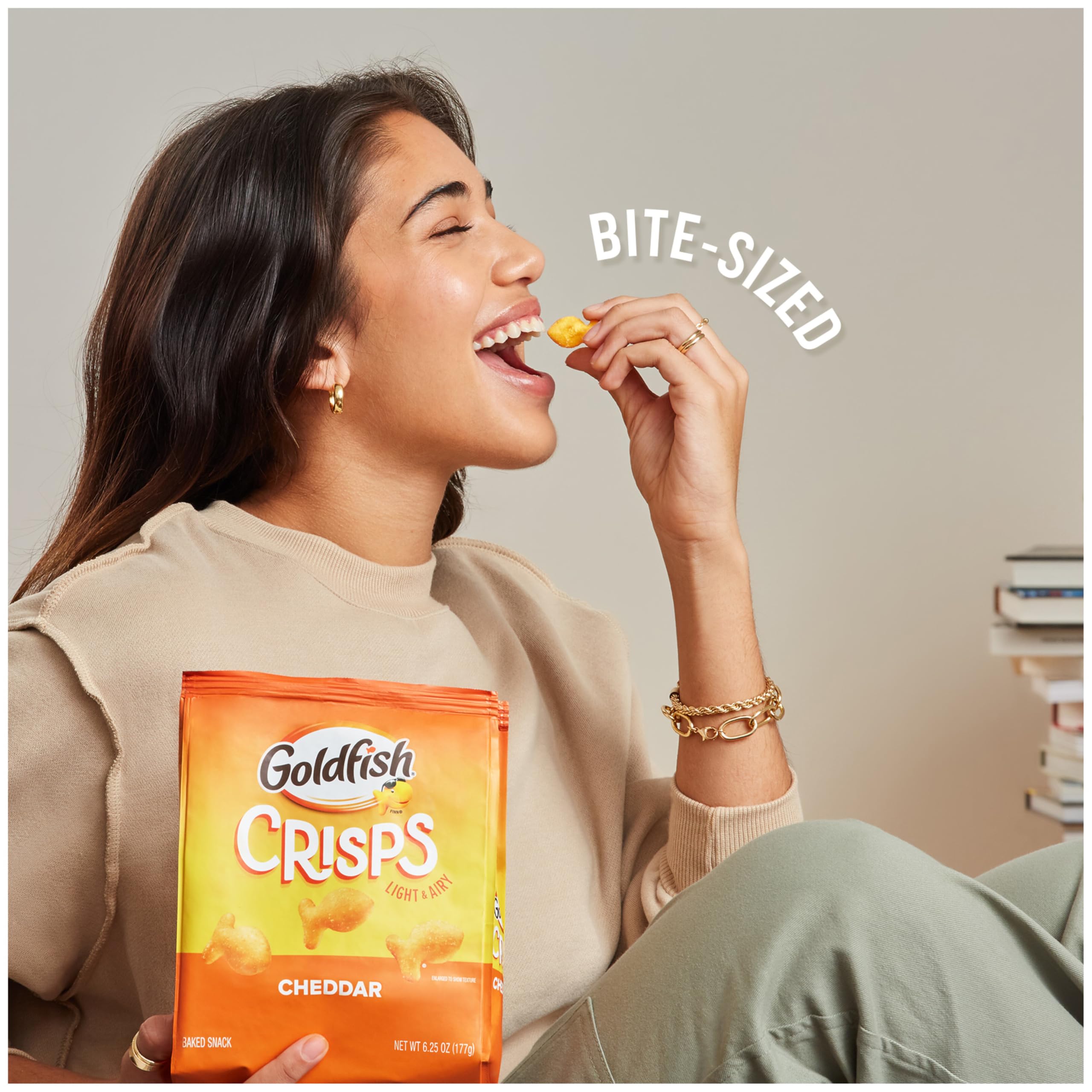 Goldfish Cheddar crisp texture close-up showing light bake.
