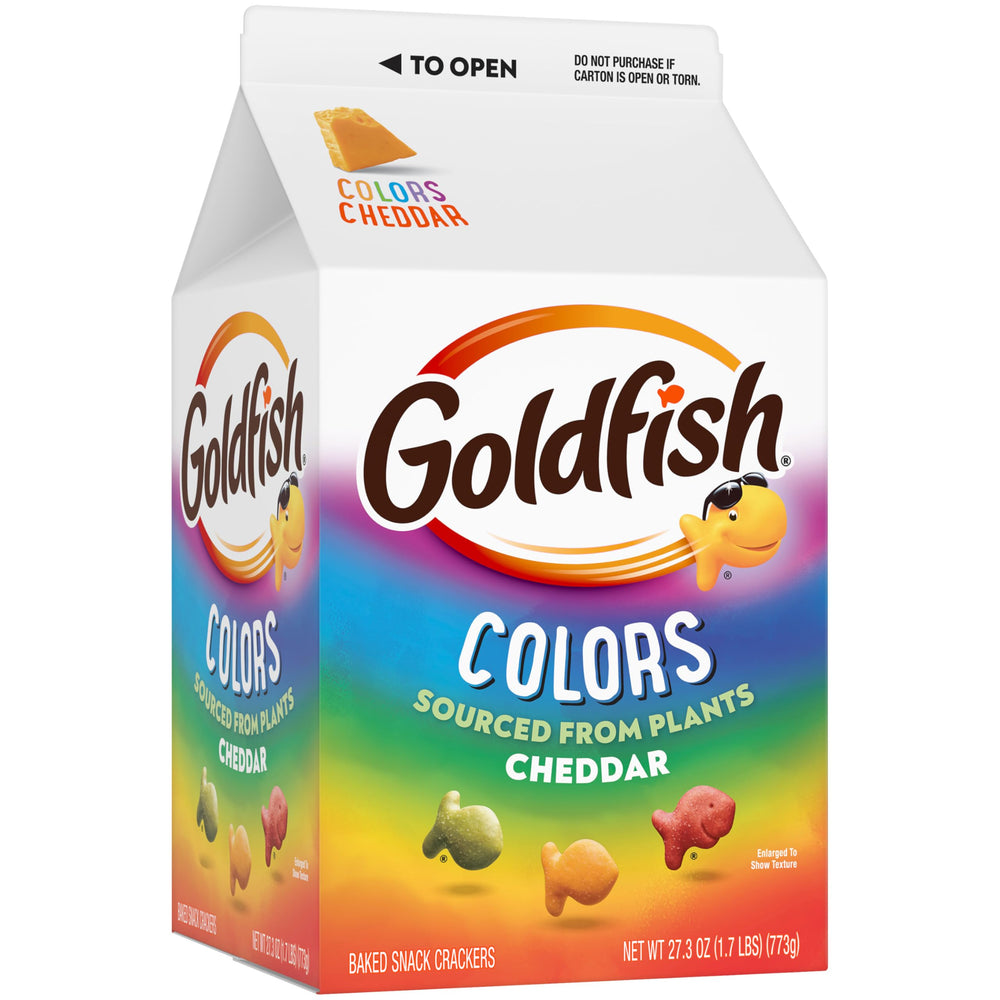 Goldfish Colors Cheddar crackers ingredients visual highlighting plant-based colors.