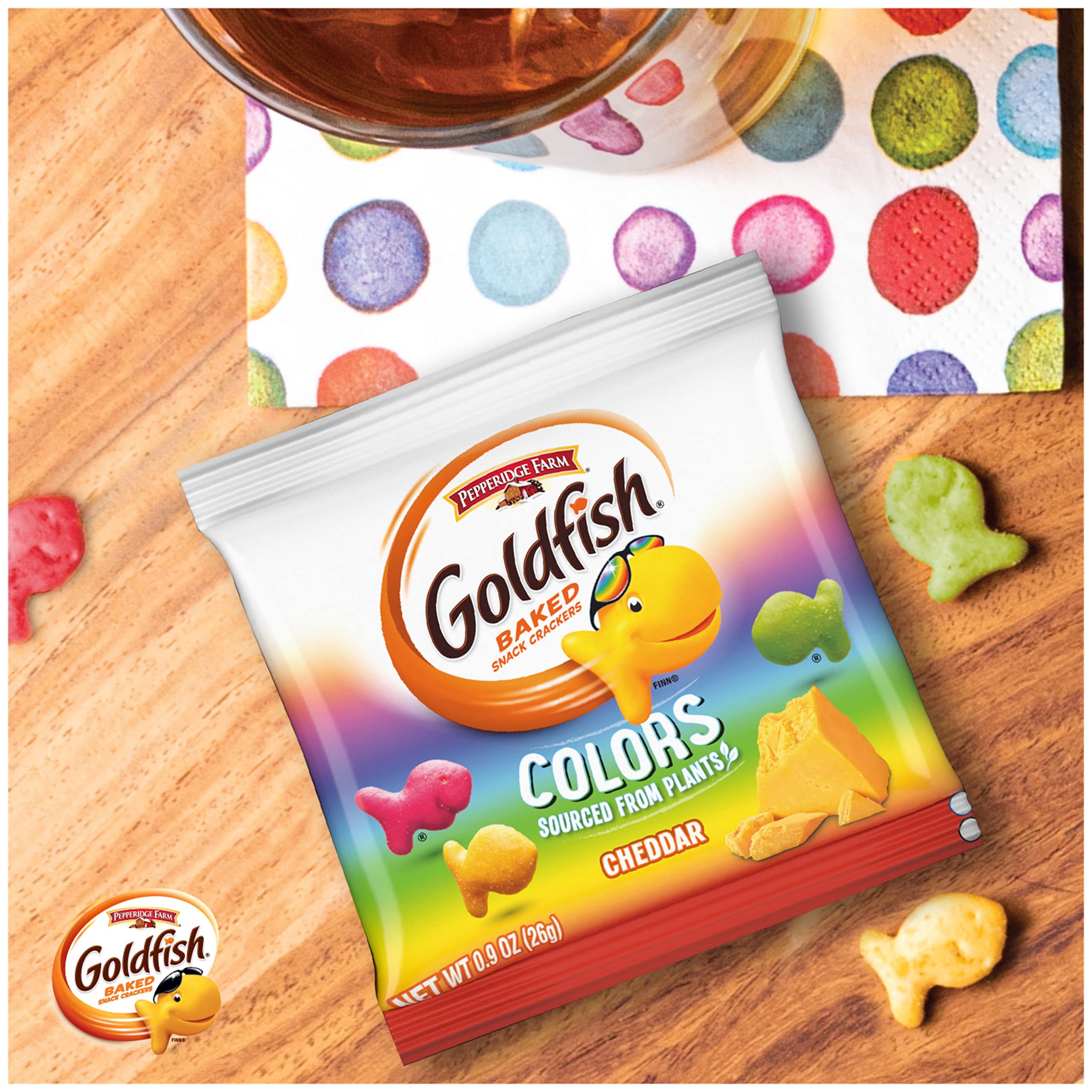 Goldfish Colors Cheddar crackers as a tasty side to sandwiches.