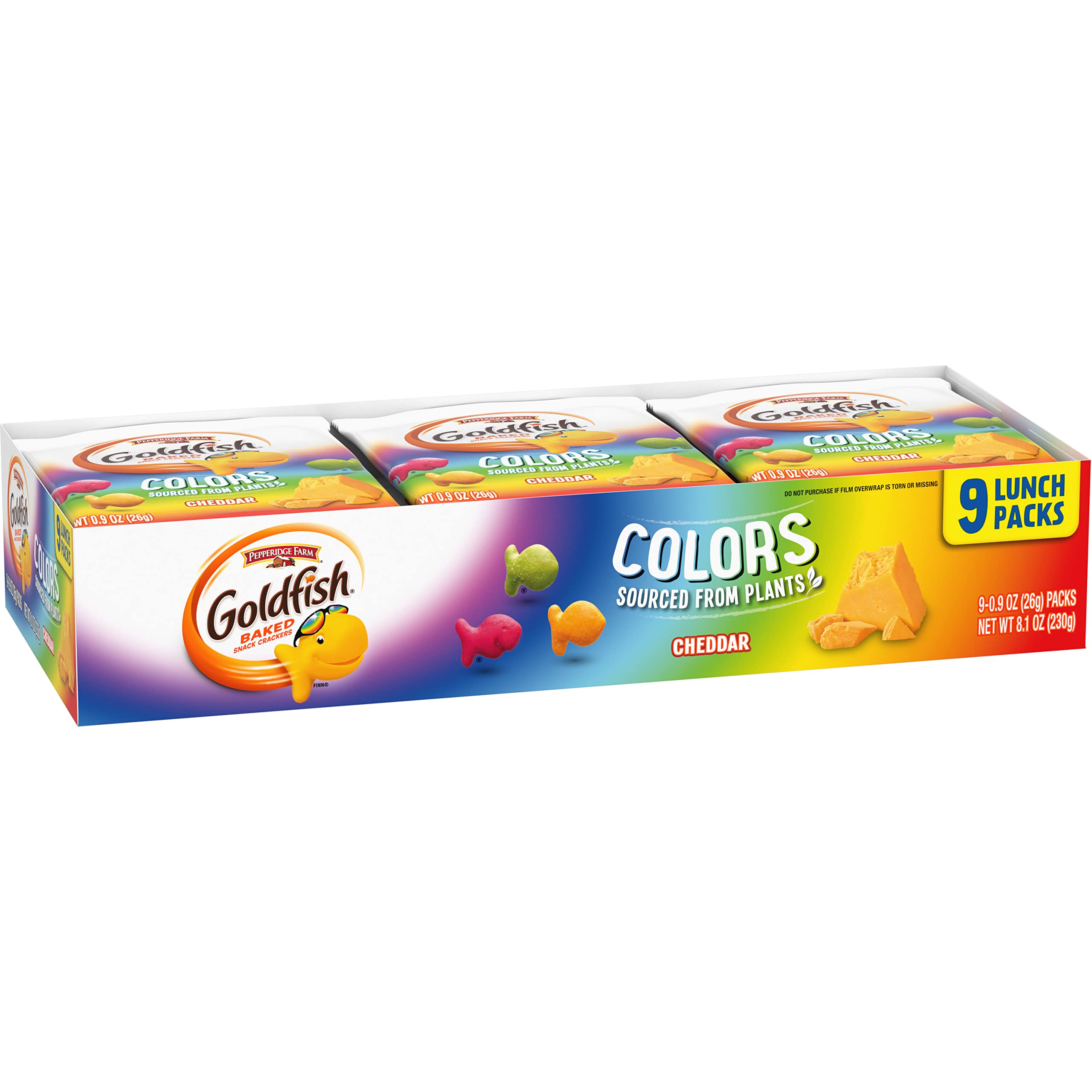 Goldfish Colors Cheddar crackers with plant-based colorings, a fun kid-approved treat.