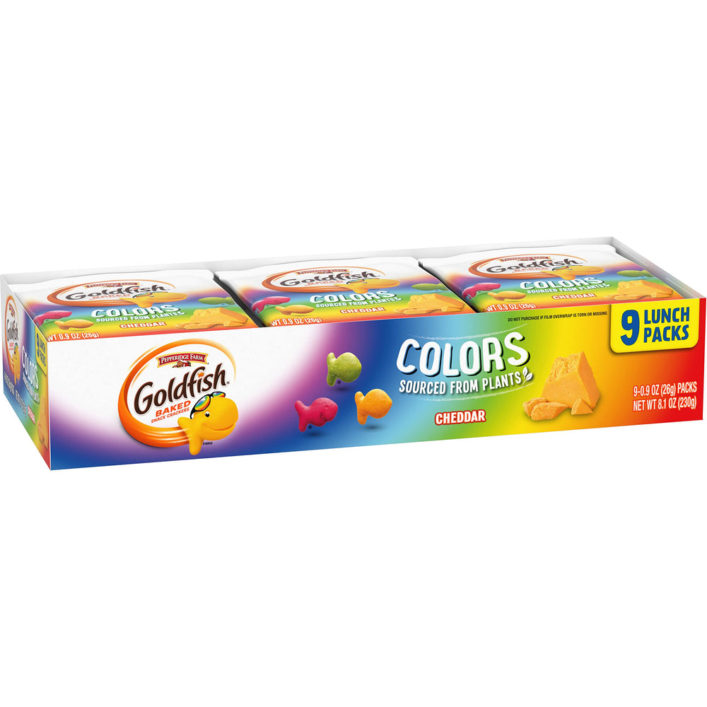 Goldfish Colors Cheddar crackers with plant-based colorings, a fun kid-approved treat.