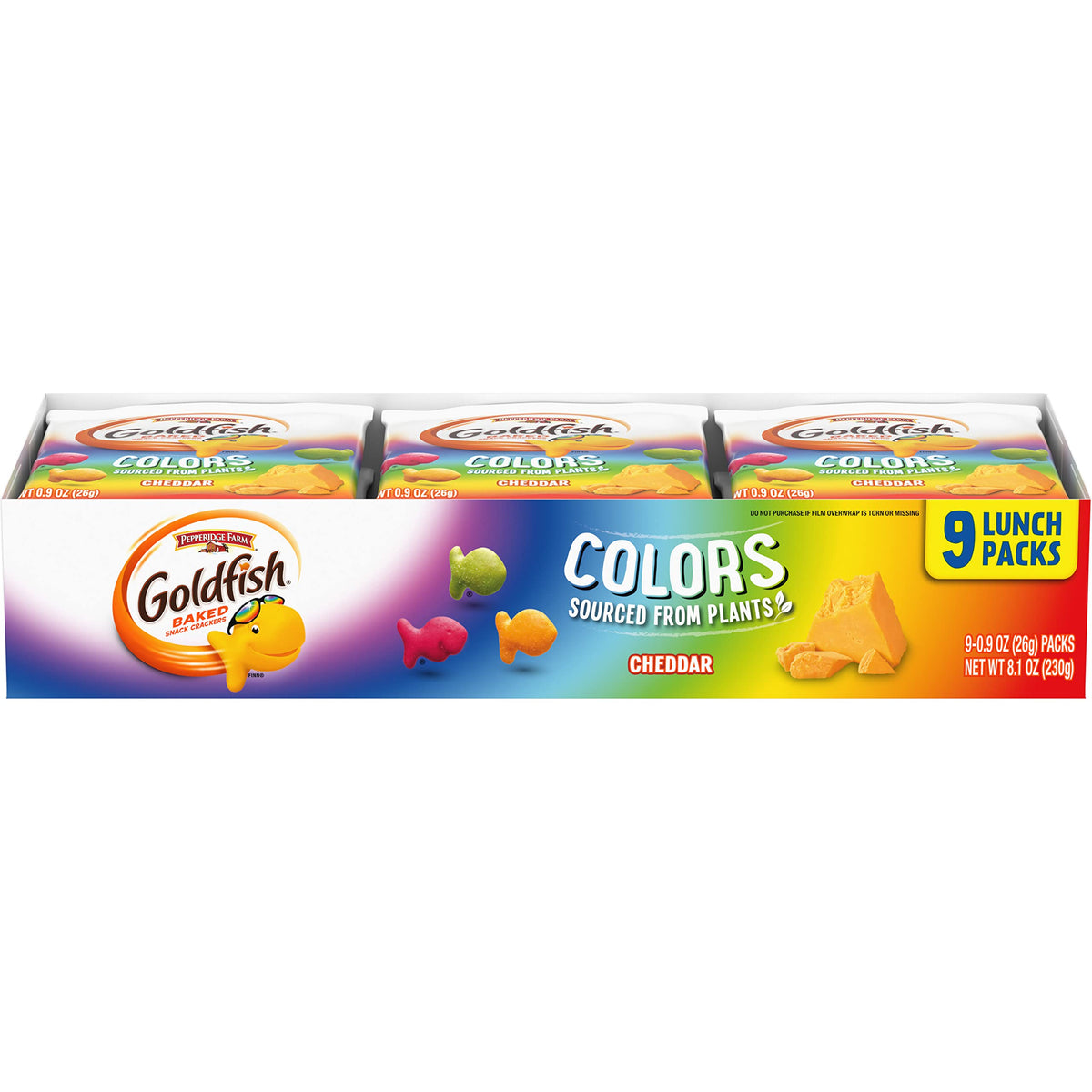 Goldfish Colors Cheddar crackers nine-pack tray, convenient on-the-go snack option.
