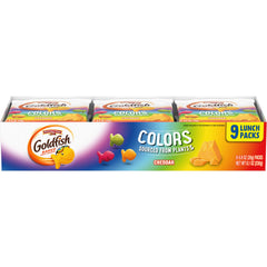 Goldfish Colors Cheddar crackers nine-pack tray, convenient on-the-go snack option.