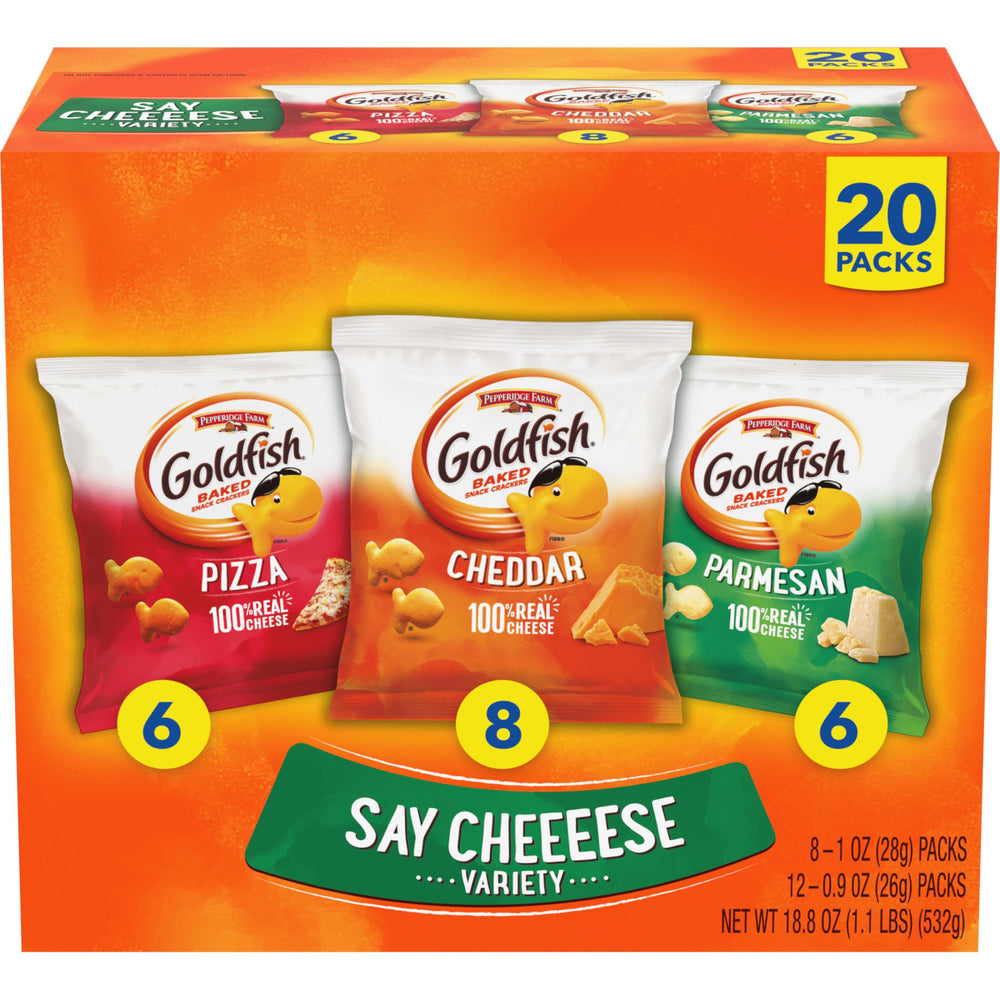 Goldfish Say Cheeeese variety-pack box front for on-the-go lunch options