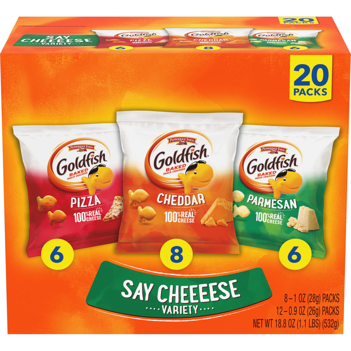 Goldfish Say Cheeeese variety-pack box front for on-the-go lunch options