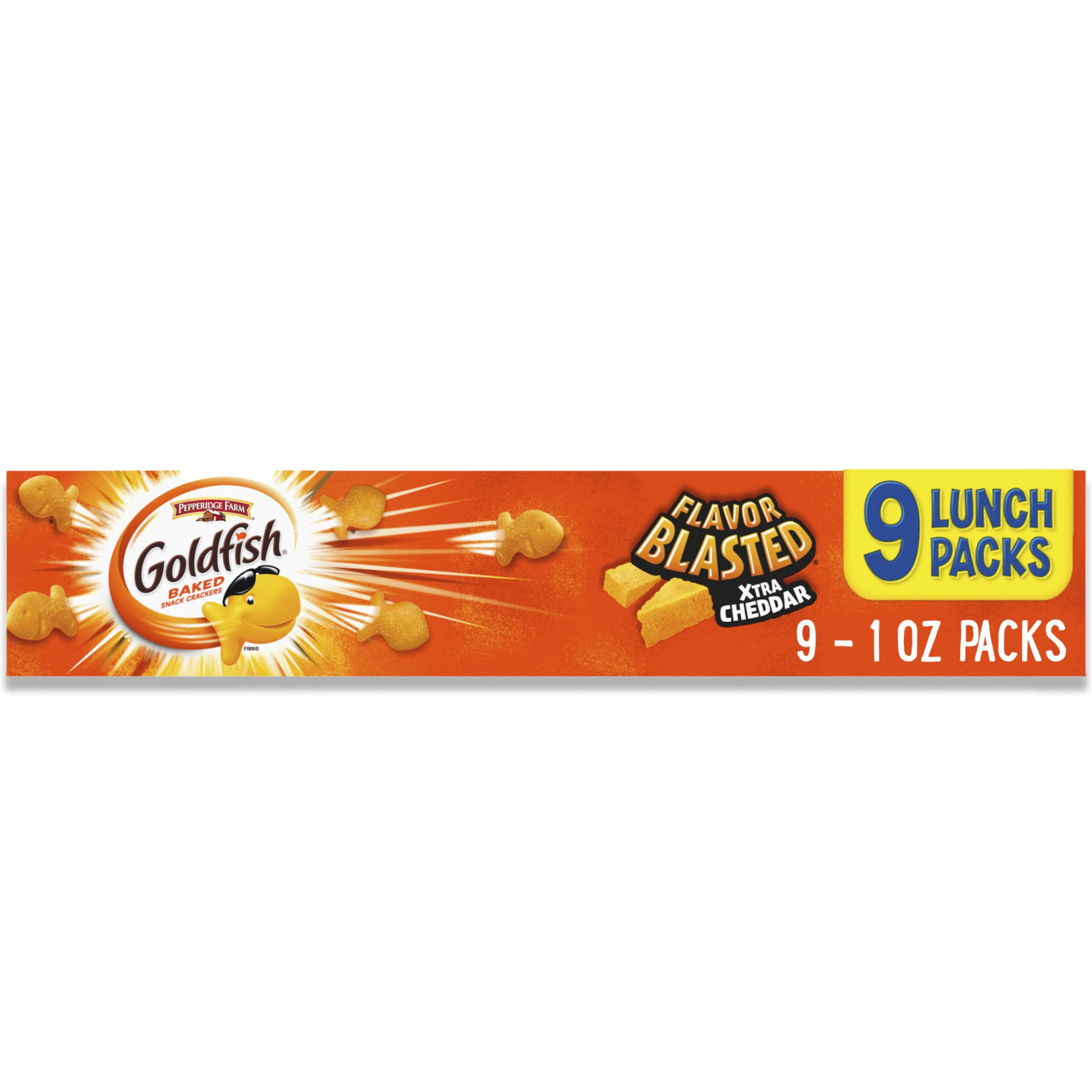 Goldfish Flavor Blasted Xtra Cheddar crackers close-up with bold cheddar flavor for on-the-go snacking.