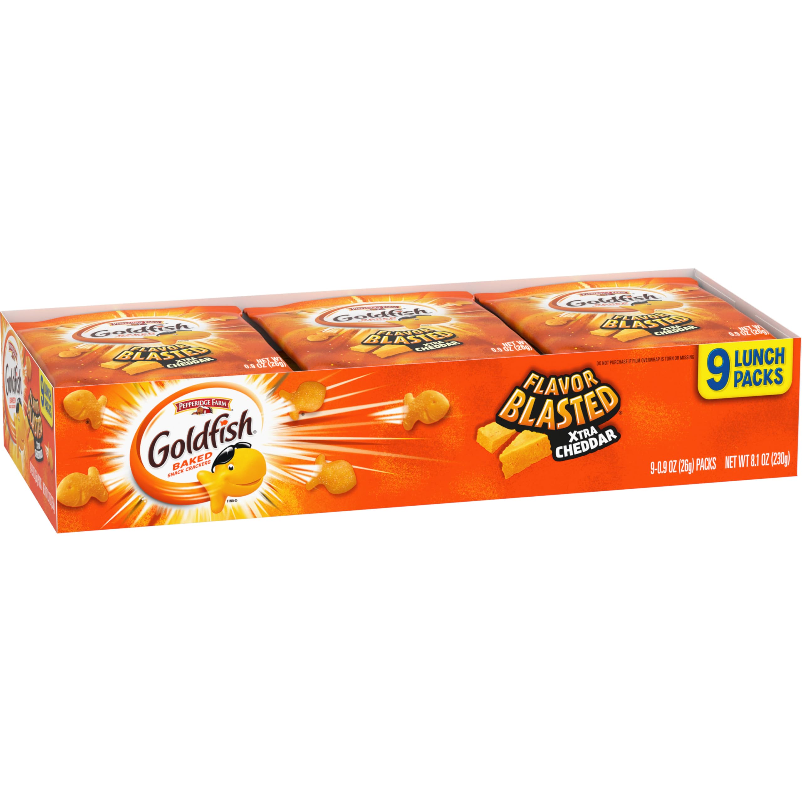 Goldfish Flavor Blasted Xtra Cheddar tray with 9 individual packs.