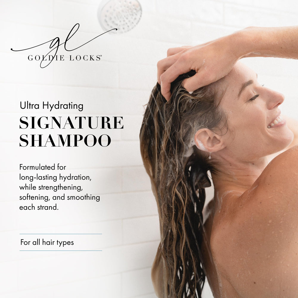 Goldie Locks Ultra Hydrating Shampoo with marula oil highlights added shine and softness.