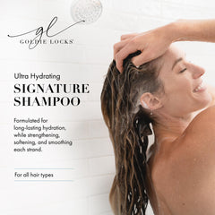 Goldie Locks Ultra Hydrating Shampoo with marula oil highlights added shine and softness.