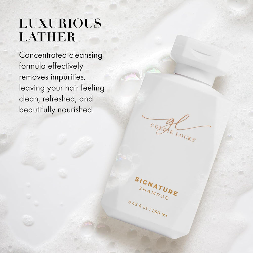 Goldie Locks Ultra Hydrating Shampoo bottle emits tropical citrus fragrance during wash.
