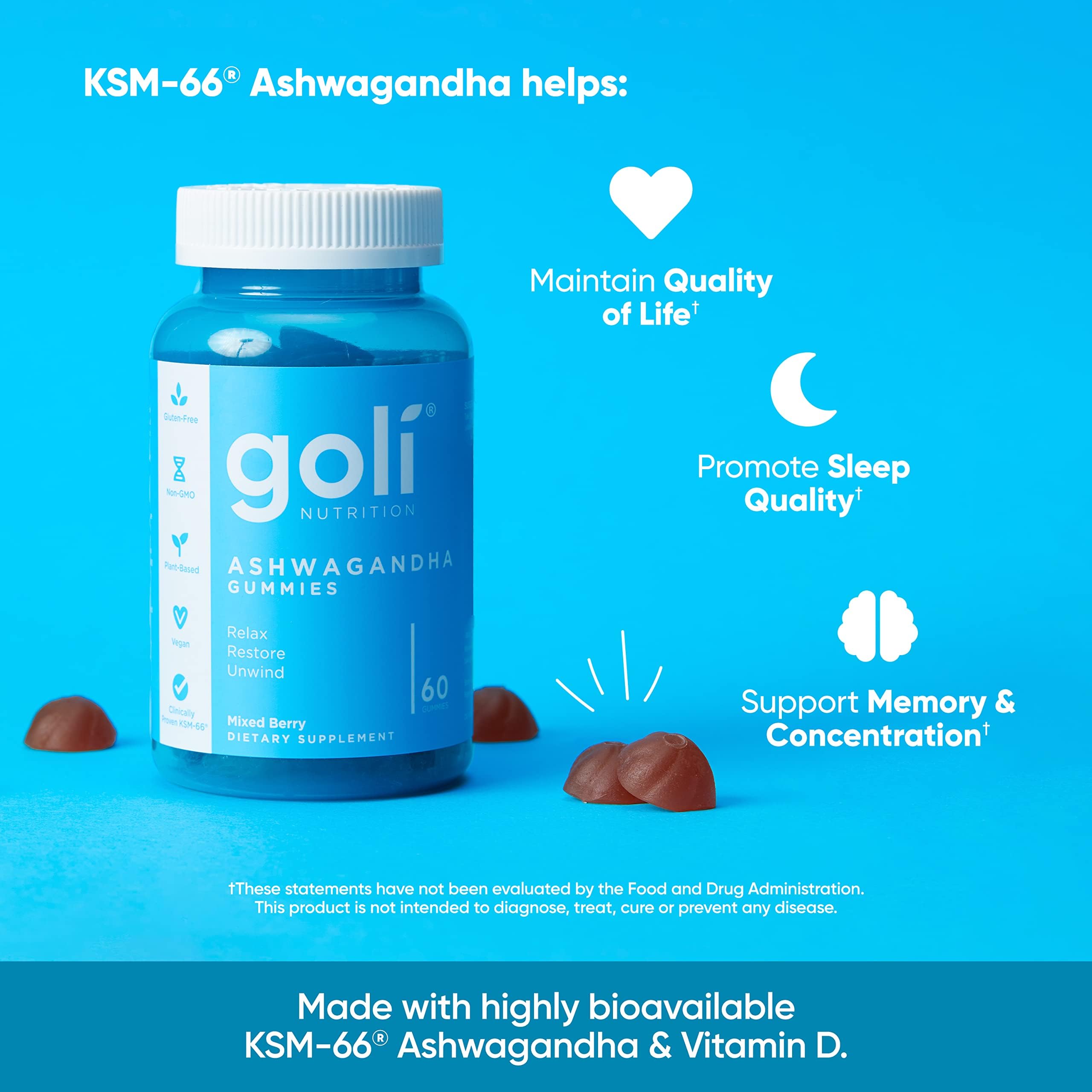 Goli Ashwagandha Gummies gelatin-free icon highlights animal-free option