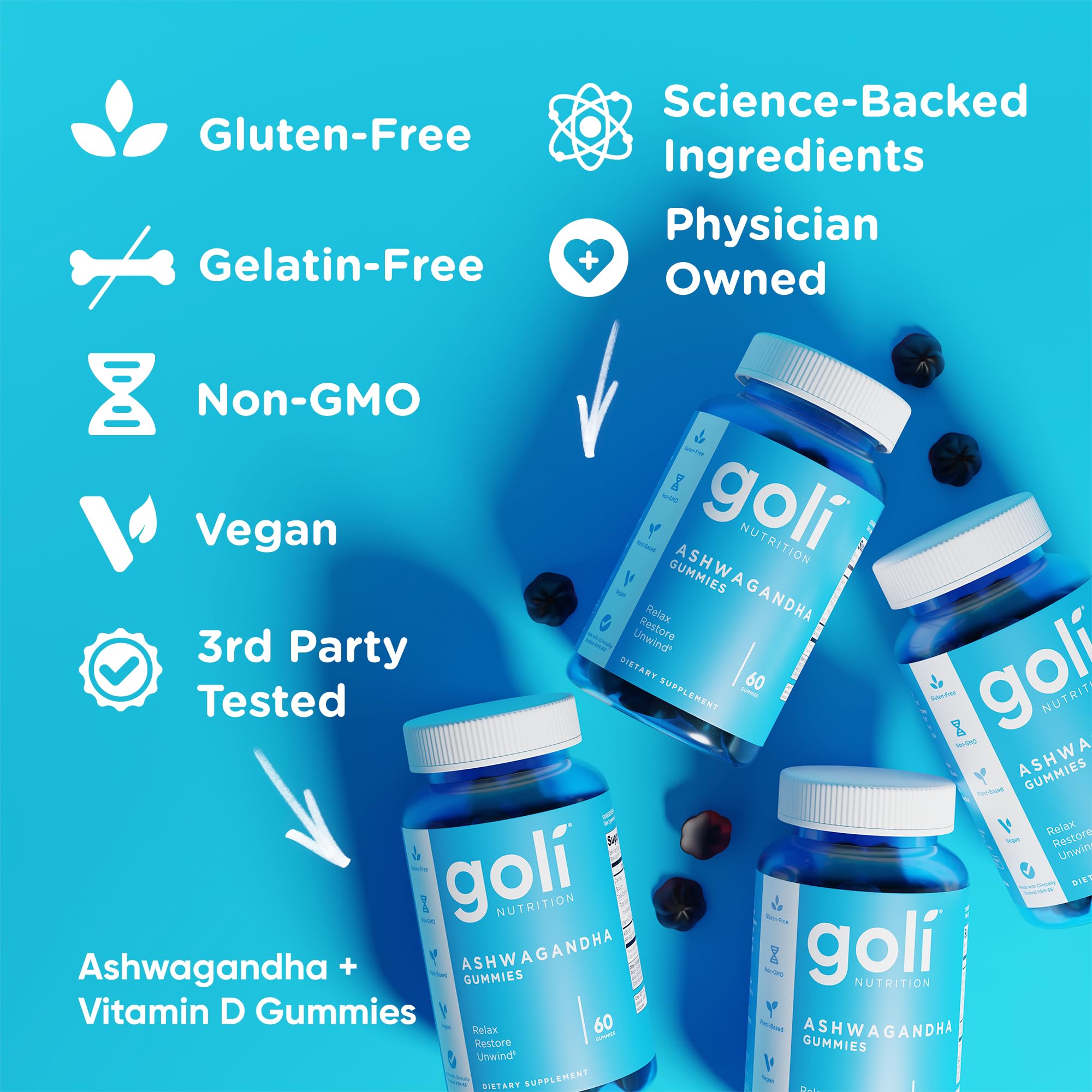 Goli vegan and gluten-free labeling alongside berry gummies in jar.