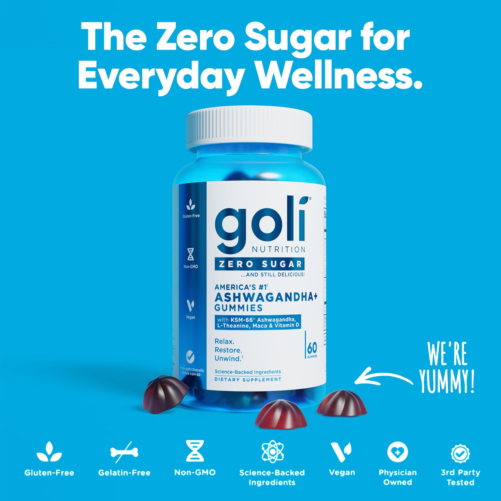 Goli bottle paired with a glass of water emphasizing zero sugar nutrition.