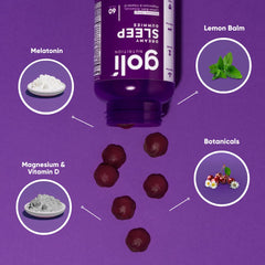 Goli Dreamy Sleep Gummies front label shows vegan, gluten-free, gelatin-free formulation.