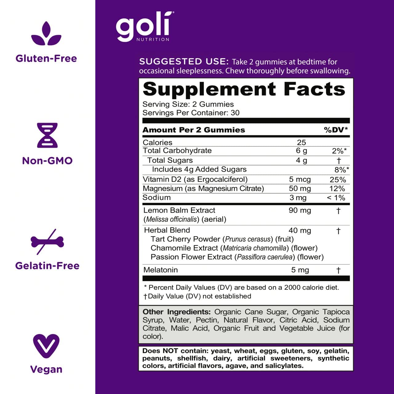 Goli Dreamy Sleep Gummies ingredients panel highlights melatonin, magnesium, lemon balm.