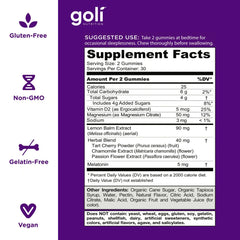 Goli Dreamy Sleep Gummies ingredients panel highlights melatonin, magnesium, lemon balm.