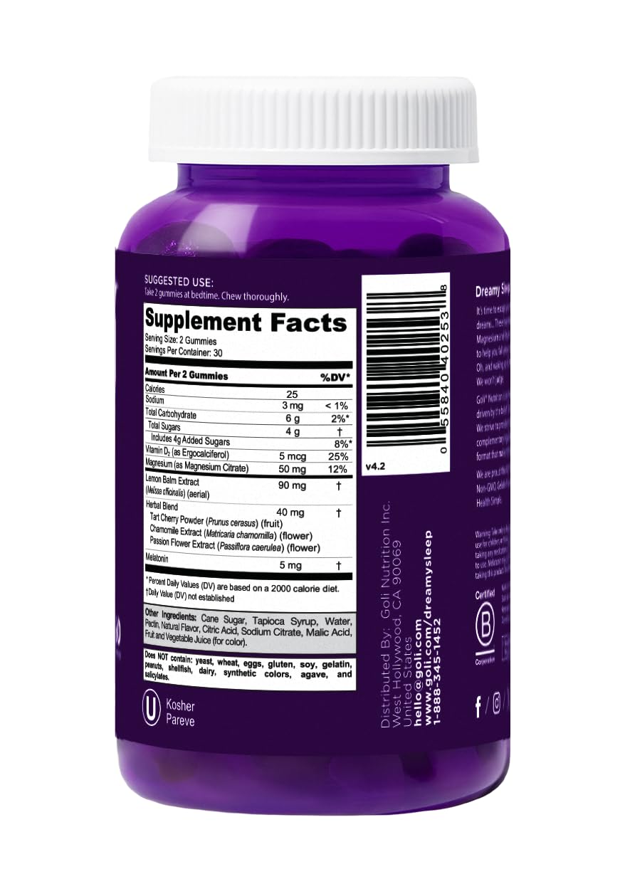Goli Dreamy Sleep Gummies vegan non-gmo seal signals clean ingredients.