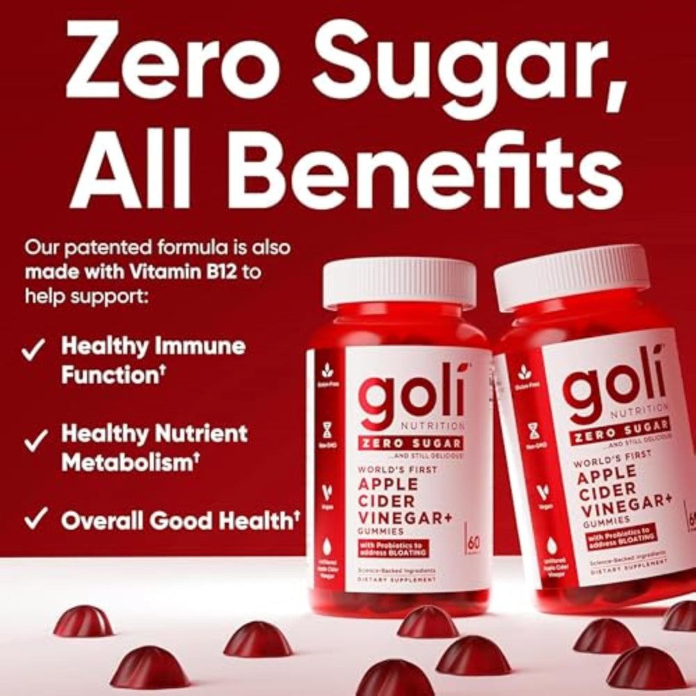 Goli gummies beside a scale showing serving size and portion control