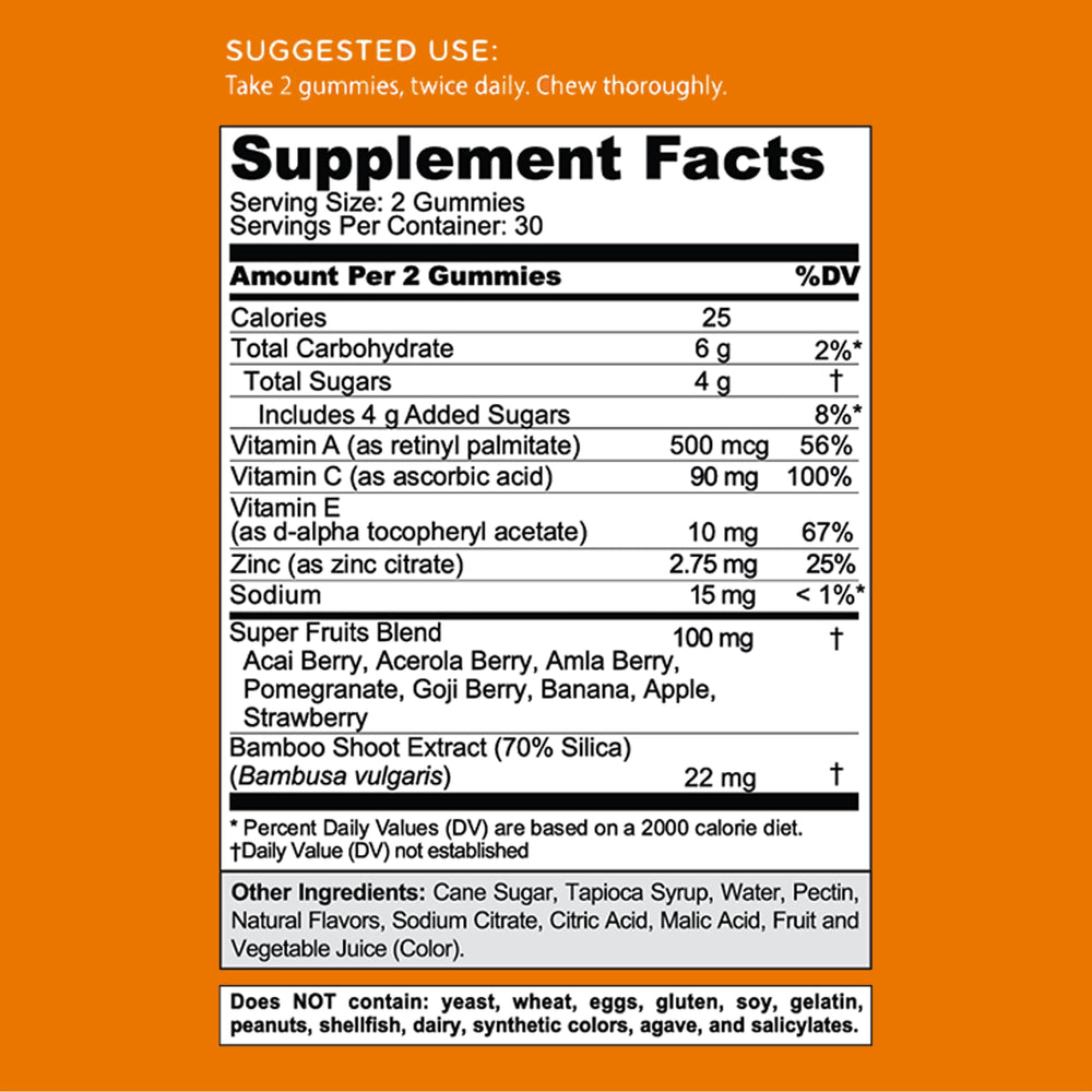 Gummy close-up with elderberry, vitamin C, and zinc visuals