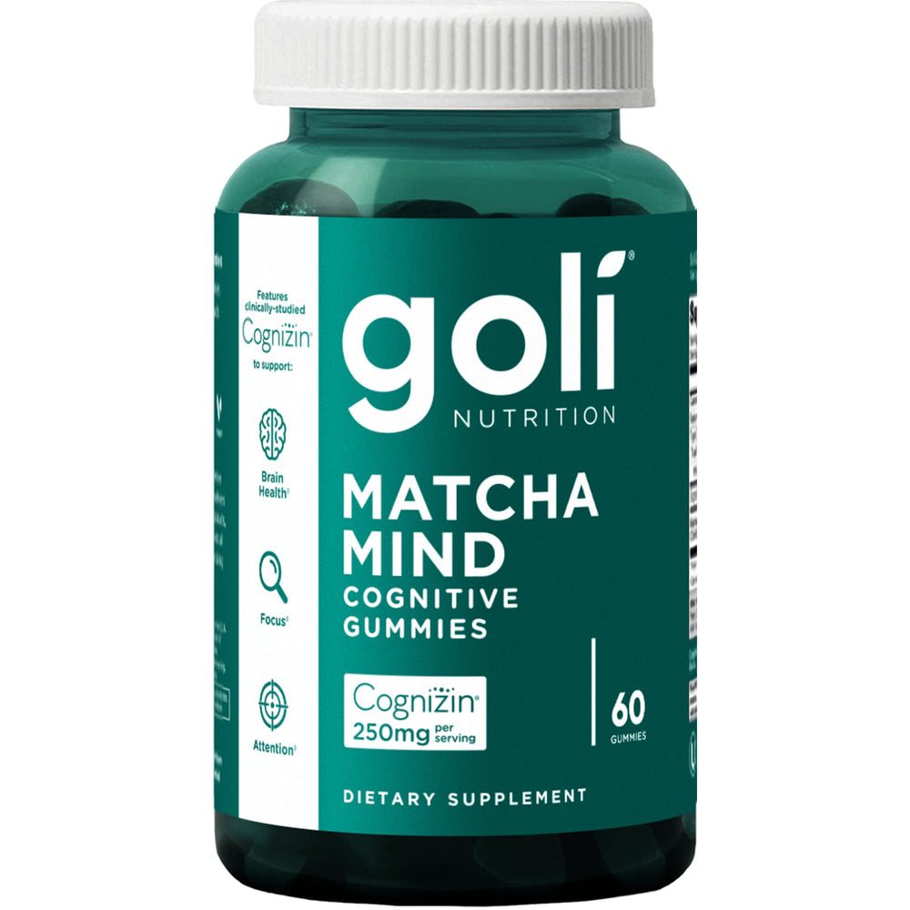 Goli Matcha Mind bottle front with gummies for daily focus.