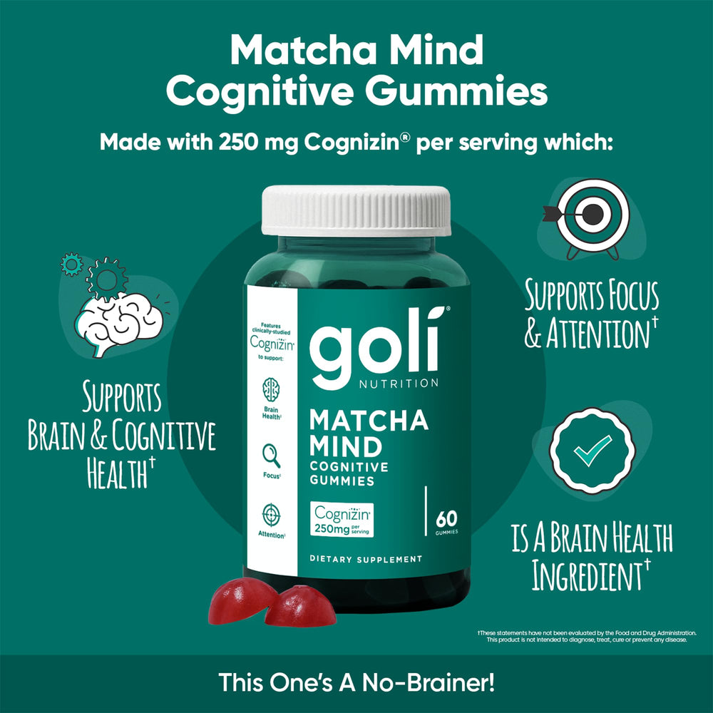 Goli Matcha Mind vegan, non-GMO, gelatin-free ingredients on pack.