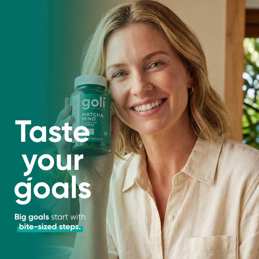 Goli Matcha Mind packaging back with nutrition and usage tips.