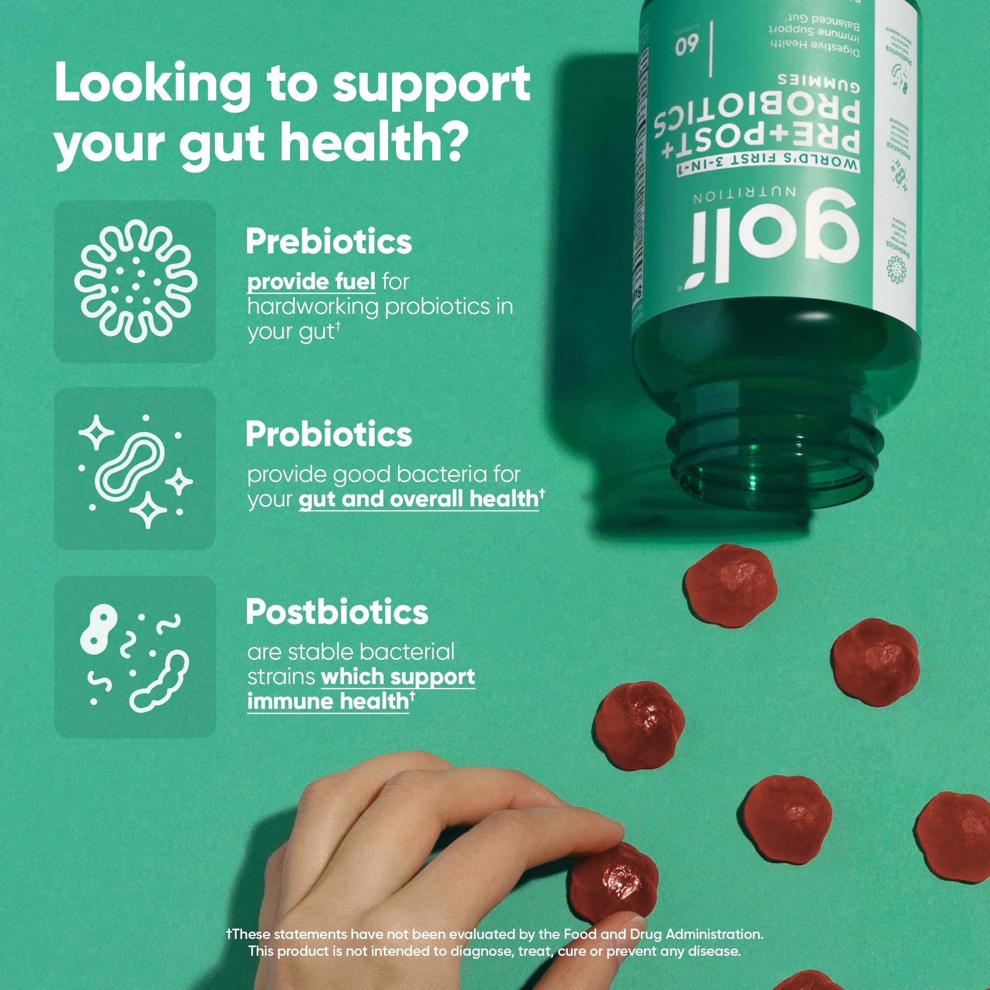 Goli bottle side view highlighting vegan, gluten-free, gelatin-free formula.