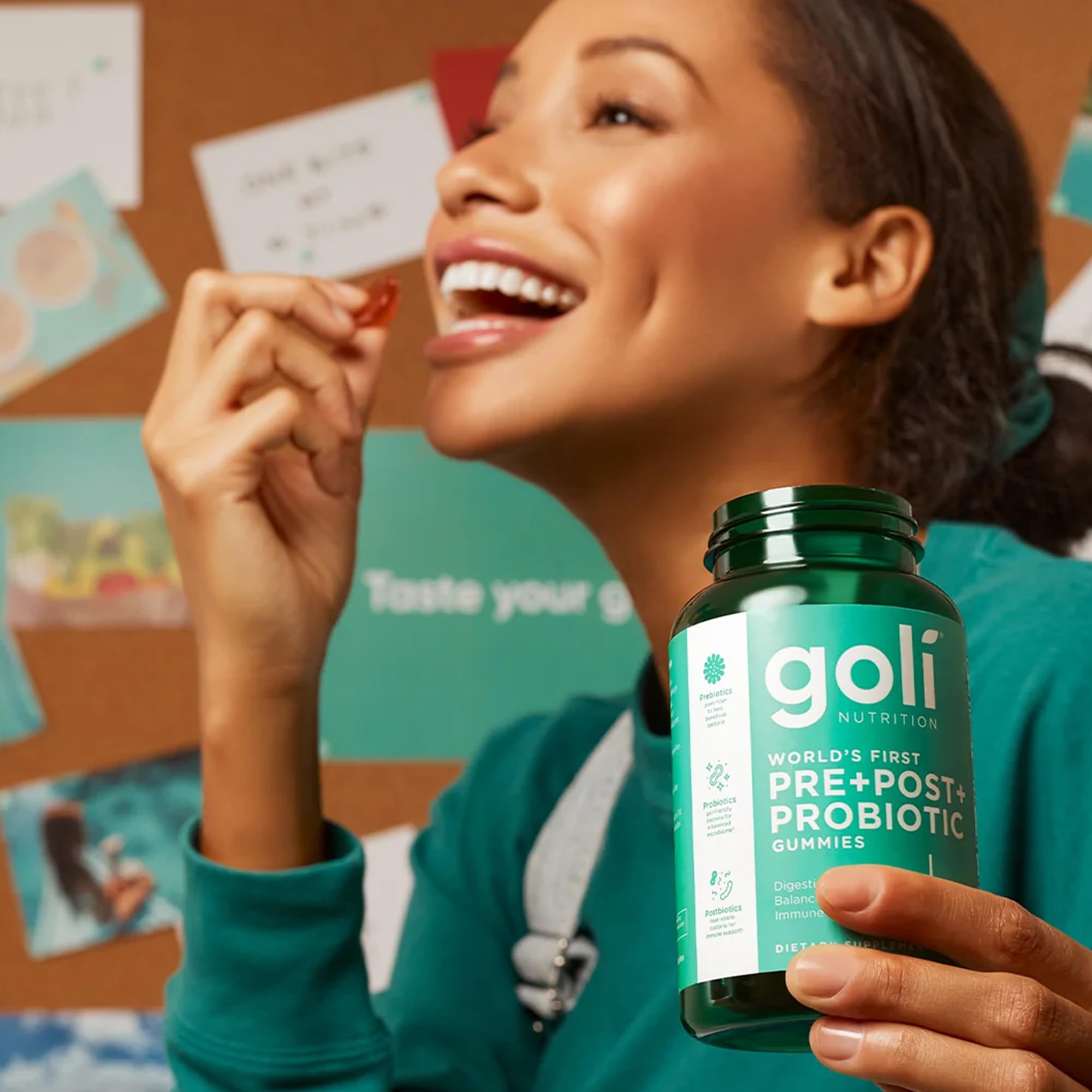 Detail shot of Goli label emphasizing vegan and non-GMO attributes.