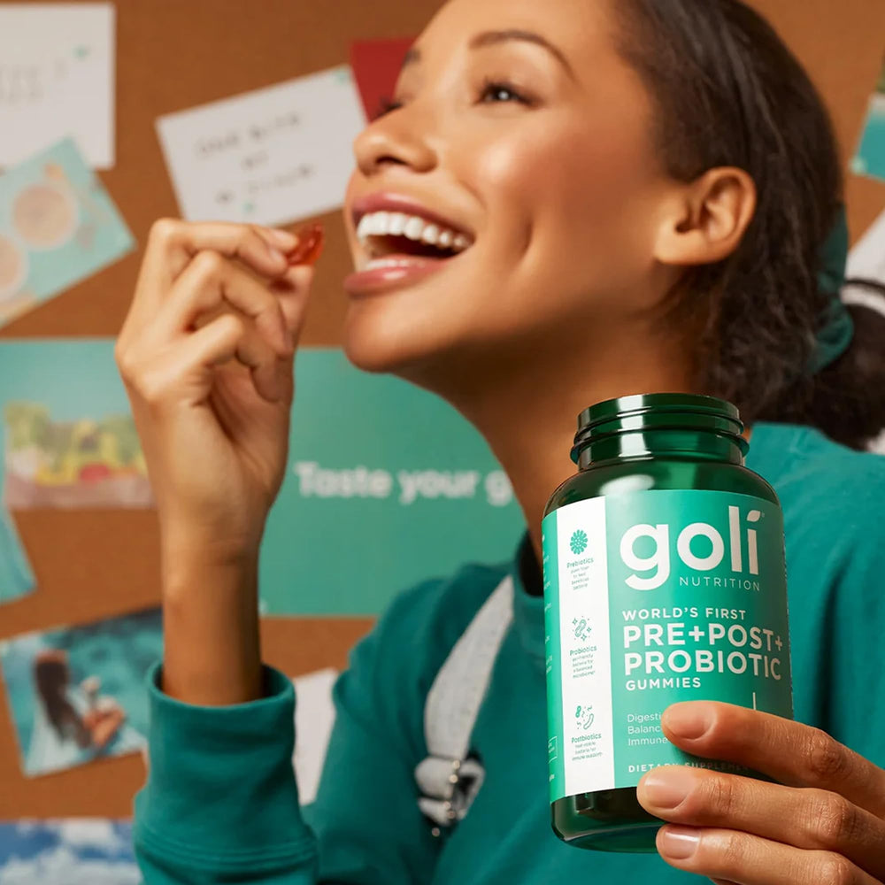 Detail shot of Goli label emphasizing vegan and non-GMO attributes.
