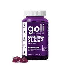 Goli Sleep Gummy jar close-up highlighting vegan, gluten-free formula for nightly routines.