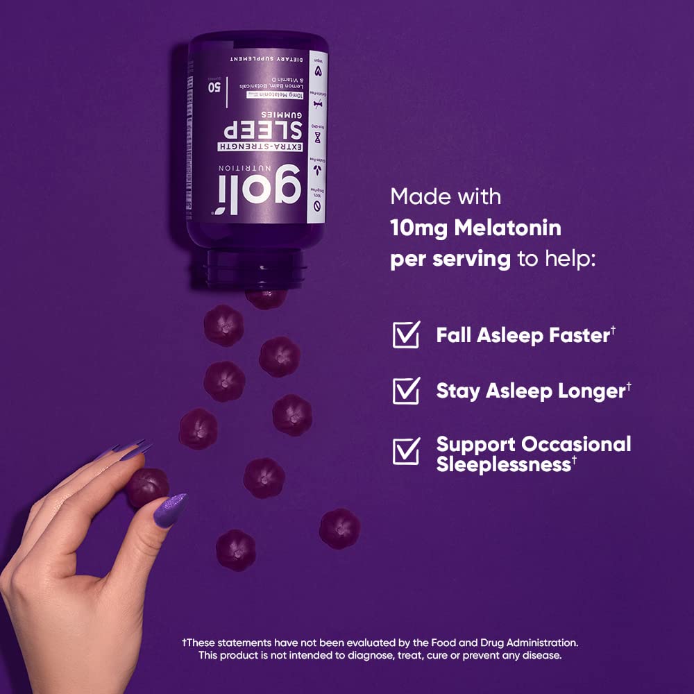 Goli Sleep Gummy label close-up showing 10 mg melatonin content.